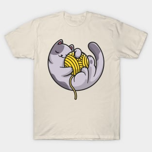 Cute Cat Sleeping And Hug Yarn Ball Cartoon T-Shirt